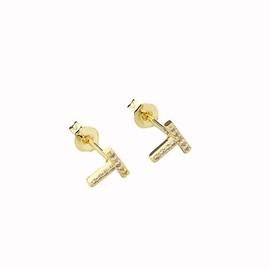 Paris Jewelry 14k Yellow Gold Created Diamond Initial T Letter Stud Earrings Plated