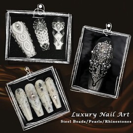 3D Mixed Sizes Nail Art Charms White Flatback Pearls Silver Metal Caviar Beads Clear Crystals Gems with Pickup Tweezers, Nail Jewelry Manicure Supplies DIY Crafts Decorations for Women Girls