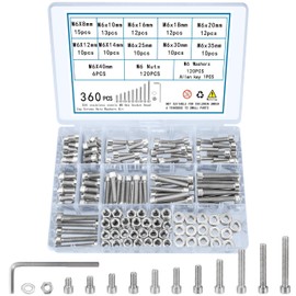 TOOINKCV 360 Pcs M6 Screws and Nuts, Hex Socket Head Cap Screws Nuts and Bolts Washers Kit, Stainless Steel Bolts and Nuts Kit, Metric Assorted Machine Screws Assortment Kit, Fully Threaded Bolt and