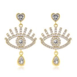 Dangle Gold Evil Eye Earrings for Women 14K Gold Plated Cubic Zirconia Evil Eye Earrings with Drop Teardrop Crystal Charm and Love Heart Evil Eye Statement Earrings Trendy Jewelry Gifts for Women