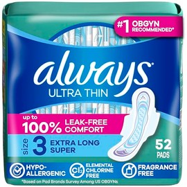 Always Almohadillas ultra delgadas tamaño 3, absorbencia extra larga sin aroma con alas, 52 unidades
