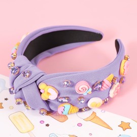 Gmmidea Ice Cream Knotted Headbands for Women Girls Sweet Candy Lollipop Doughnut Headband Crystal Embellished Pretty Hairband Summer Back to School Sparkle Hair Accessories