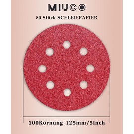 TWSTYFAL Sandpaper 125 mm Velcro 100 Grit 8 Hole Sanding Discs 125 mm Round Velcro for Random Orbital Sanders (Pack of 80)
