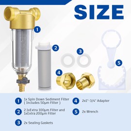 WILLBOND 3/4" Spin Down Sediment Water Filter, 50 & 100 & 200 Reusable House Sediment Filter with 2 Adapters, for Home & Commercial Water Pre-Filtration System Ideal for Home Owners, DIY Enthusiasts