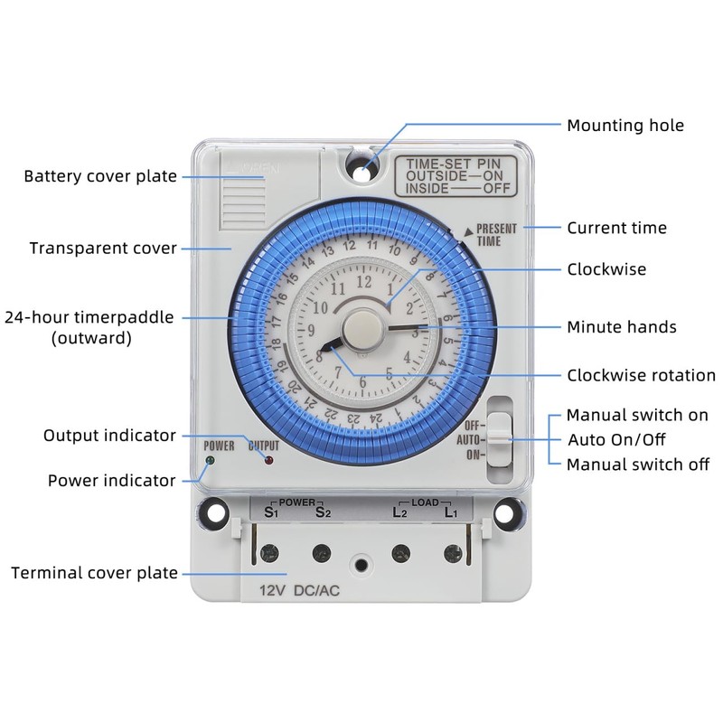 TEHAUX Precise Mechanical Timer, Adjustable Mechanical Time Control Switch, 12V
