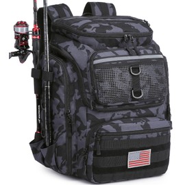 HAMBOLY Fishing Backpack with Rod Holders, 40L Tackle Box Backpack for Fishing Gear, Waterproof Fishing Bag for Men (Black and Blue Camo)