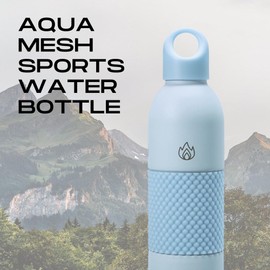 18 Oz Aqua Mesh Insulated Sports Water Bottle with Screw Top Lid, Leak Proof Stainless Steel Water Bottle with Handle, Spill Proof Thermos or Water Jug for Gym, Home or Office Chug-Light Blue