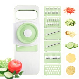ZKIRON Stainless Steel Mandoline Slicer for Kitchen, 6-in-1 Handheld Vegetable Slicer with 360° Full-Cover Safety Guard, Potato Cucumber Julienne Shredder Grater, Compact Salad Prep (Mint Green)