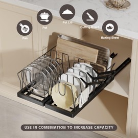 Magheo 2 Pack Pots and Pans Organizer Under Cabinet, 22" Deep Expandable Pull Out Pot Lid Organizer and Storage with 10 Adjustable Dividers No Drill Pot and Pan Holder Rack with Handle Bracket(Black)