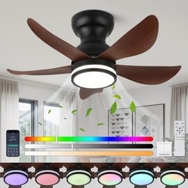 YYEHON Ceiling Fans with Lights and Remote Control, 30 inch Low Profile Flush Mount Ceiling Fan with 5 Reversible Blades Dimmable 3 Colors+ RGB Lights for Bedroom，Dining Room, Wood Color