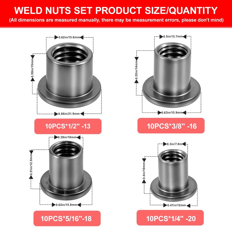 40pcs T-Shaped Weld Nuts, 4 Sizes 1/4"-20 5/16"-18 3/8"-16 1/2"-13,
