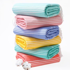 Genovega 6 Oversized Cotton Turkish Beach Bath Towel Set Bulk 74"x38" Extra Large Sand Free Quick Dry Swimming Camping Pool Clearance Towels Blanket Essentials Adult Multi Light Green Stripes