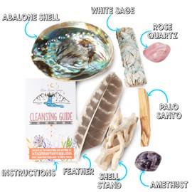 Home Cleansing & Smudging Kit with White Sage, Palo Santo, Abalone & Stand, Smudge Feather & Guide (Regular)