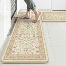 KIMODE Cushioned Padded Kitchen Mats for Floor,Anti Fatigue Memory Foam Kitchen Mat Waterproof,Boho Vintage Kitchen Rugs Sets of 2 Non Slip for Laundry Office Home Decor,Beige