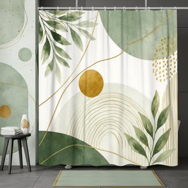 DYNH Sage Green Shower Curtain, Modern Abstract Gold Leaves Bathtub Curtains,Boho Aesthetic Decor for Bathroom,69X70 in