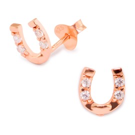 Monkimau Girls' Earrings Horseshoe Lucky Charm Stud Earrings Made of 925 Sterling Silver Real Silver with 8 Crystals Rose Gold Plated, Sterling Silver