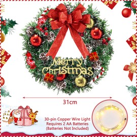 JEDWKFA Christmas Wreath 31 cm, Door Wreath Christmas, LED Wreath Christmas, Artificial Advent Wreath, Christmas Decoration Door, Decorated with Red Berries and Pine Cones, Christmas Wreath
