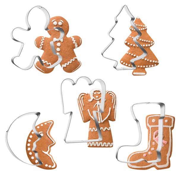 Set di formine per biscotti di Natale - 5 pezzi - Grande stampo per biscotti - Albero di Natale - Pan di zenzero - Angelo - Luna - Scarpone da neve