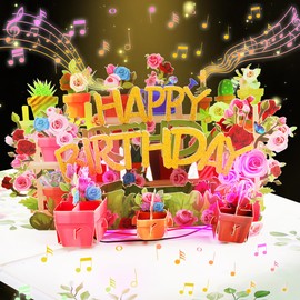 CNLITIHEKA 3D Musical Birthday Card for Women, Light & Music Flower Birthday Cards Pop Up for Mom, Happy Birthday Greeting Cards for Wife Grandma