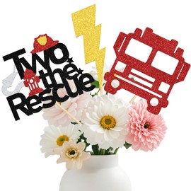 KEWUFD 12PCS Two The Rescue Centerpieces Sticks Firetruck Themed Happy 2nd Birthday Party Decorations Baby Shower Party Decor Sign Red Glitter