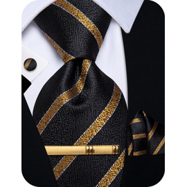 YourTies Striped Ties for Men Black and Gold Silk Tie and Pocket Square Set Wedding Party Business Formal Necktie