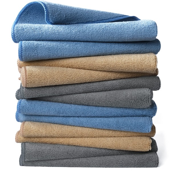 POLYTE Microfiber Cleaning Towel (16x16, 12 Pack Professional, Blue,Camel,Gray)