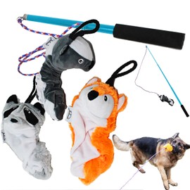 Jalousie Collapsible Dog Flirt Pole with Three Squeaky Toys Plush Toys Dog Teaser Wand Chase it Toy with Refills Upgraded Rope