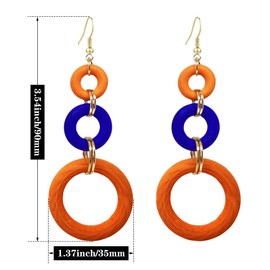 KaFu Bohemian Wood Earrings for Women Vintage Natural Geometric Hollow Hoop Wooden Dangle Earrings Lightweight African Statement Earrings Jewelry (orange+blue)