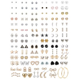 Kakonia 81Pairs Small Stud Earrings Set for Women Men Triangle Circle Bar Star Moon Geometric Leaf Arrow Flower Bow CZ Ball Faux Pearl Hoop Dangle Earrings Set