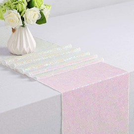 JYFLZQ White Iridescent Sequin Table Runner 12" x 108" Sparkly White Metallic Table Runner Glitter Sequin Runner for Table Birthday Party Event Decorations
