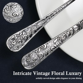 Chuleno Vintage Floral Carved Black Silverware Set for 6, 30 Pieces Stainless Steel Flatware Set with Knife/Fork/Spoon, Cutlery Set for Home and Kitchen, Mirror Polished Utensil Set for Gift