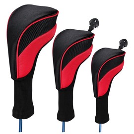 [3-piece set] Hat Cover, Headcover, Golf Cover, Driver, Fairway Wood, Utility, 3-piece Set, Various (Black x RED)