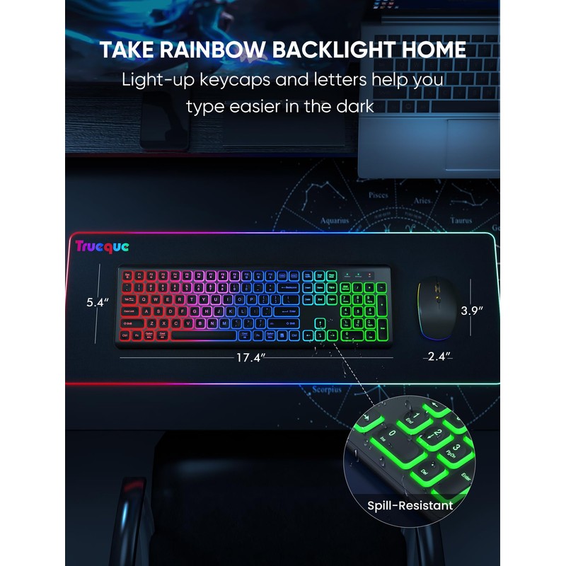 Wireless Keyboard and Mouse Combo, RGB Backlit, Rechargeable & Light