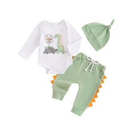 Infant Baby Boys Clothes Set Spring Fall 3Pcs Outfit Dinosaur Print Long Sleeve Romper Elastic Waist Sweatpants Beanie Hat (White, 3-6 Months)