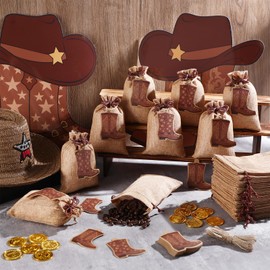 Mooliwe 50 Pcs Burlap Drawstring Bags with Boot Shape Tags, Western Cowgirl Sacks Bulk Reusable Burlap Candy Pouch for Cowboy Baby Shower Wedding Bachelorette Party Favors Supplies (Brown)