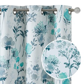 UGOUTRY Floral Blackout Curtains 84 Inch Length, Living Room Thermal Insulated Flower Window Treatments, Noise Reduction Grommet Watercolor Pattern Drapes Grey Spa Blue 2 Panels Set