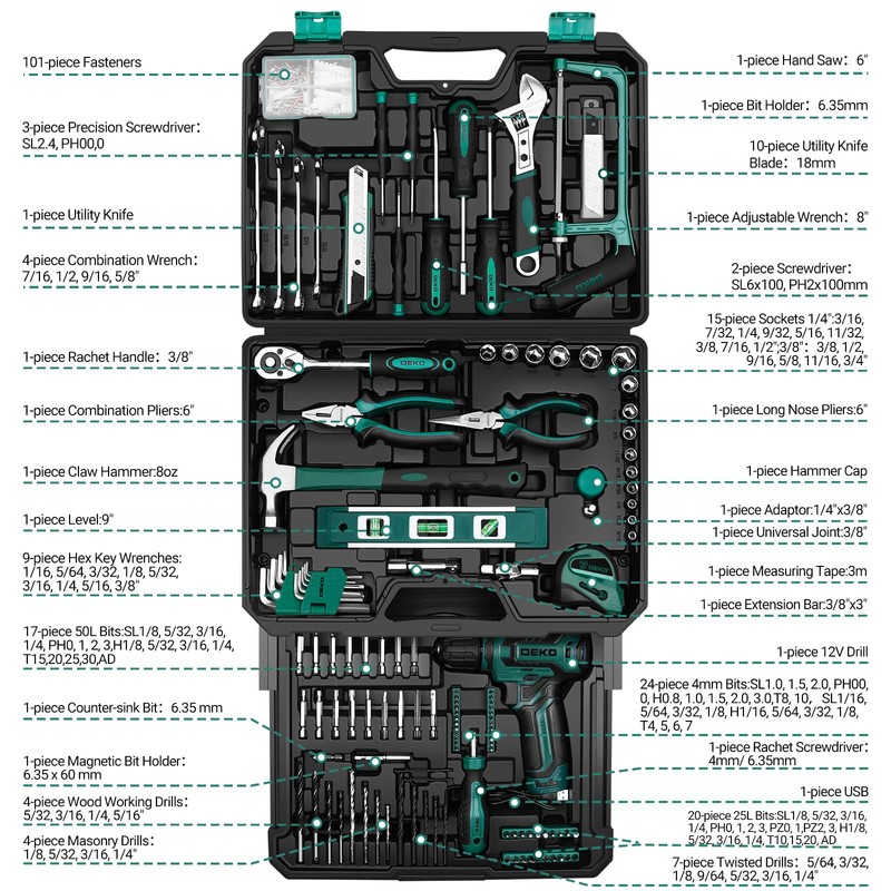 Tool Set: Tool Kit with 12V Cordless Drill, Hand Toolbox