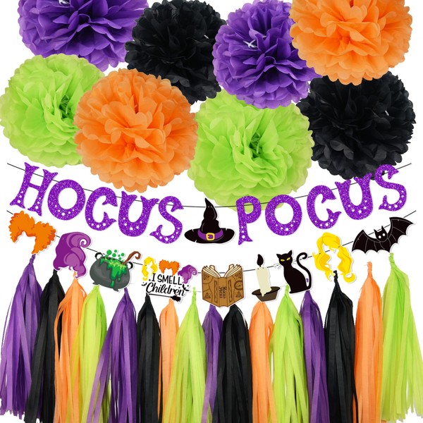 Halloween Hocus Pocus Theme Decorations Spell Book Cat Witch Hats Witches Stisters Banner Orange Black Purple Green Paper Tissue Pom Pom for Halloween Trunk or Treat Car Decor