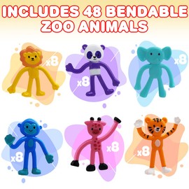 ArtCreativity Bendable Mini Zoo Animals, 48 Stress Relief Toys for Kids, Panda, Tiger, Giraffe, Monkey, Elephant, Lion, Party Favors & Supplies
