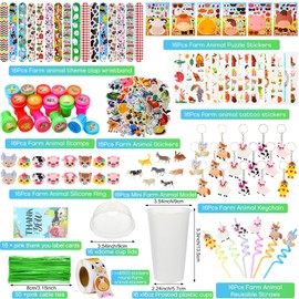 Poen 212 Pcs Farm Animal Party Favors Set Include Cup Straw Stamp Clap Bracelet Keychain Ring Puzzle Sticker Animal Miniature Card for Birthday Party Baby Shower Goody Bag Stuffer