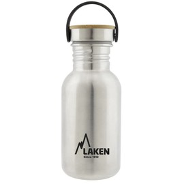 Laken Basic Stainless Steel Bottle, Water Bottle, Wide Opening with Stainless Steel Screw Cap with Bambo, BPA-Free, 0.50 L, Silver