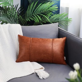 BRAWARM Cognac Leather Throw Pillow Covers 12 X 20 Inches - Faux Leather Lumbar Pillow Cover with Piping, Hand Stitched Leather Throw Pillow for Couch Sofa Bed Living Room Home Decorative