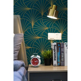 Safiyya 118"x17.3" Wallpaper Gold and Teal Blue Peel and Stick Wallpaper Geometric Stripe Contact Paper Self Adhesive Removable Wallpaper Modern Boho Contact Paper for Walls Covering Vinyl Rolls