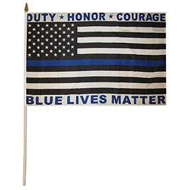 Trade Winds Wholesale Lot of 12 Duty Honor Courage USA Thin Blue Line Blue Lives Matter 12x18 12"x18" 100D Woven Polyester Nylon Stick Flag 30" Wooden Staff