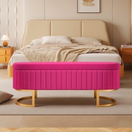 ivoros 50" Velvet Storage Bench, Ottoman Bench with 300lb Seating, Upholstered Fabric End of Bed Bench with Gold Legs,Flipping Lid Entryway Footrest (Red)