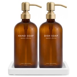 Vine Creations Amber Glass Soap Dispenser Set, Kitchen Soap Dispenser Set with Ceramic Tray, 16 oz Dish Soap and Hand Soap Dispensers with Stainless Steel Pump Decor (Amber Bottle/Brushed Brass)