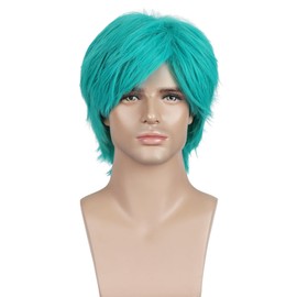 BERON Turquoise Short Straight Wig with Bangs Cyan Bob Hair Wig for Men Boys Synthetic Wigs Cosplay Costume Party Daily Wigs