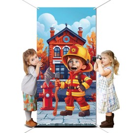 WADORN 180 x 90 cm Fireman Photo Banner Background Fireman Photo Door Banner Large Fabric Face in Hole Game Rescue Theme Background for Birthday Party Photo Accessories