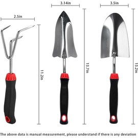 Garden Tool Set - 3 Piece Stainless Steel Heavy Duty Gardening Kit Includes Hand Trowel, Transplant Trowel and Cultivator Hand Rake with Soft Rubberized Non-Slip Ergonomic Handle