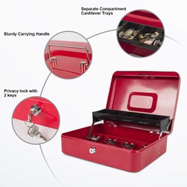 KYODOLED Locking Cash Box with Lock,Money Box with Cash Tray,Lock Safe Box with Key,Money Saving Organizer,11.81Lx 9.45Wx 3.54H Inches,Red XL Large